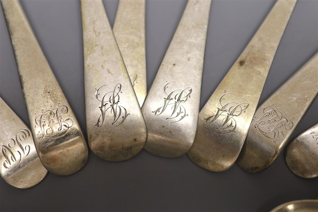 A harlequin set of six George III and later silver tablespoons and six dessert spoons